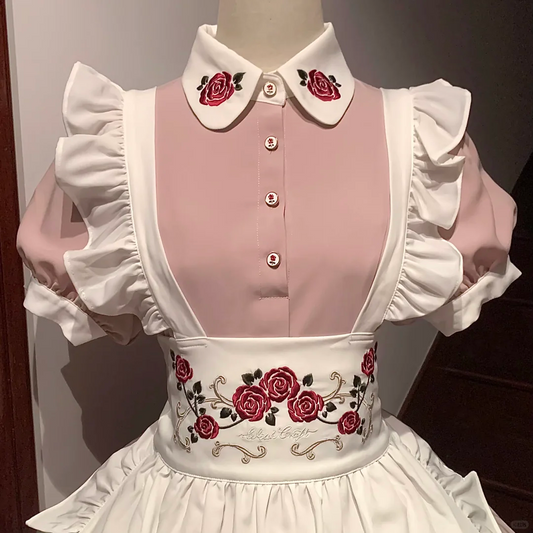 Elegant Vintage Pink and White Maid Dress with Rose Embroidery