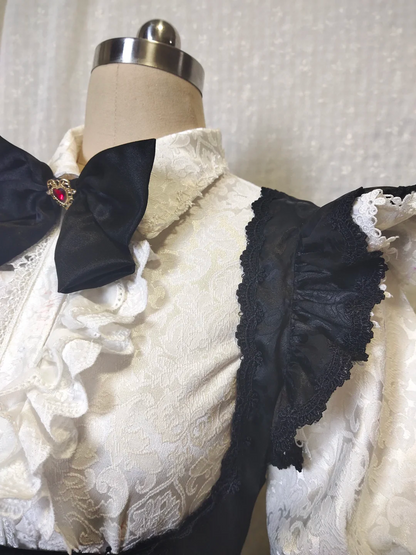 Victorian Black and White Maid Dress with Elegant Lace and Ruffle Accents