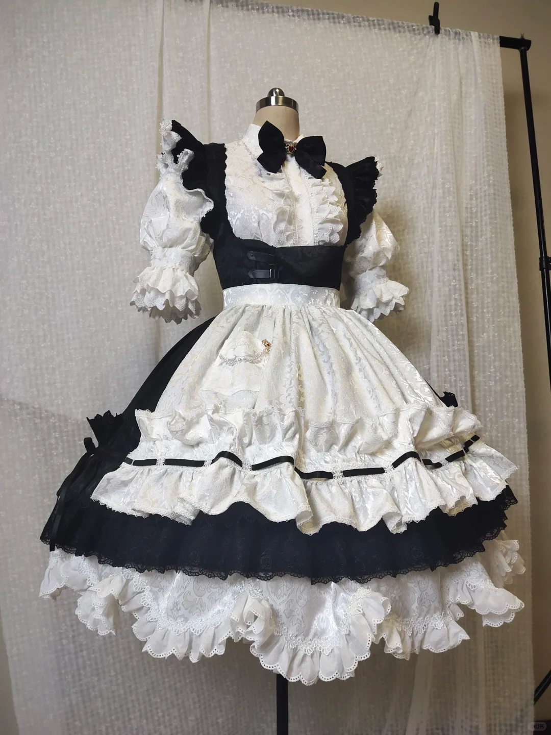 Victorian Black and White Maid Dress with Elegant Lace and Ruffle Accents