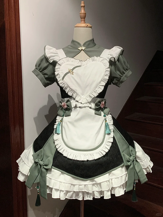 Chic Olive Green and White Maid Dress with Heart Apron and Tassel Details