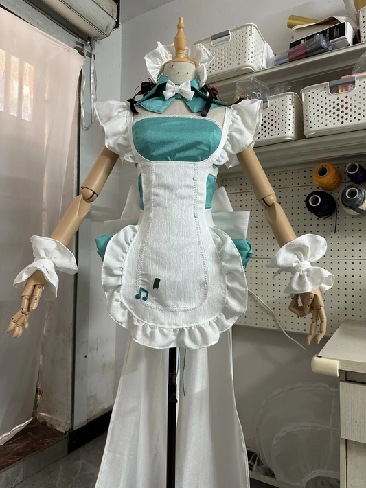 Elegant Teal and White Maid Dress with Ruffled Apron and Bow Details