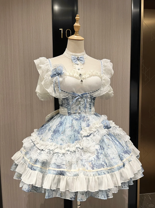 Dreamy Blue Floral Maid Dress with Lace and Bow Accents