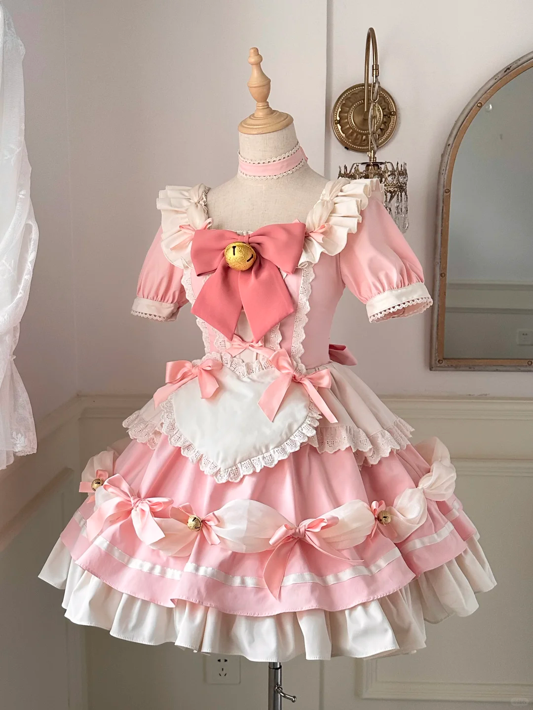 Adorable Pink and White Maid Dress with Heart Apron and Bell Accent