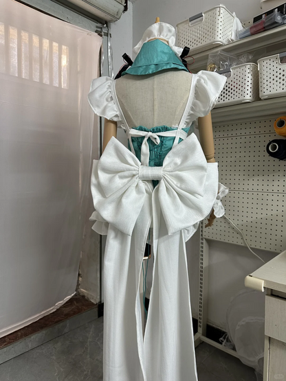 Elegant Teal and White Maid Dress with Ruffled Apron and Bow Details