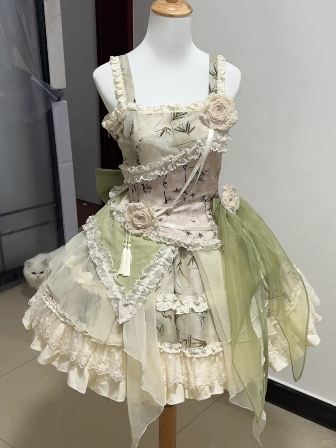 Vintage Floral Maid Dress with Asymmetrical Chiffon Layers and Rosette Accents