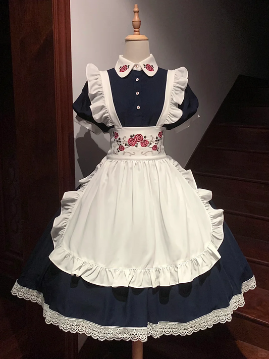 Classic Navy Blue and White Maid Dress with Embroidered Rose Accents and Lace Trim