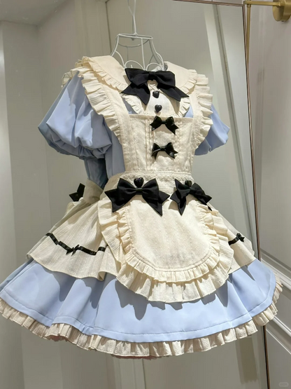 Charming Light Blue and Cream Maid Dress with Black Bow Accents and Heart Buttons