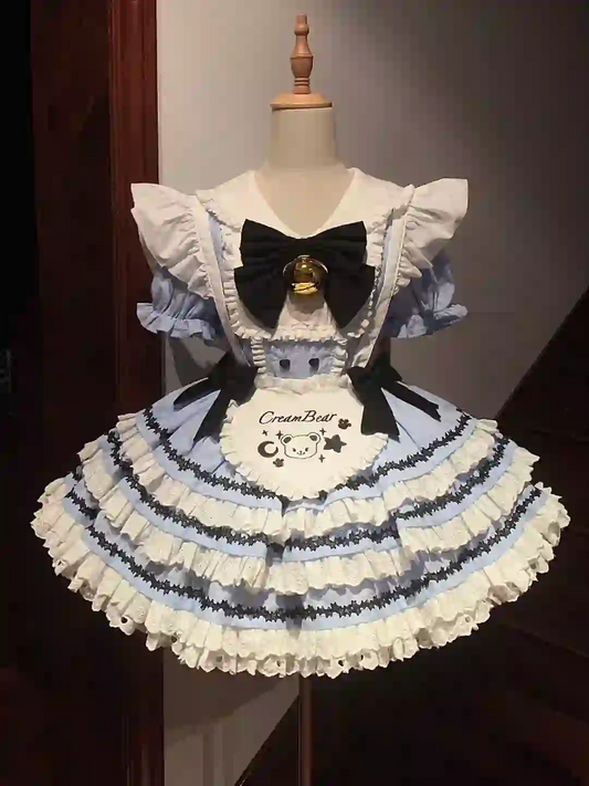 Maid Dress with Bell & Black Bows - Blue and White Ruffled Apron