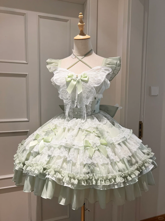 Delicate Mint Green Maid Dress with Butterfly Lace and Bow Details