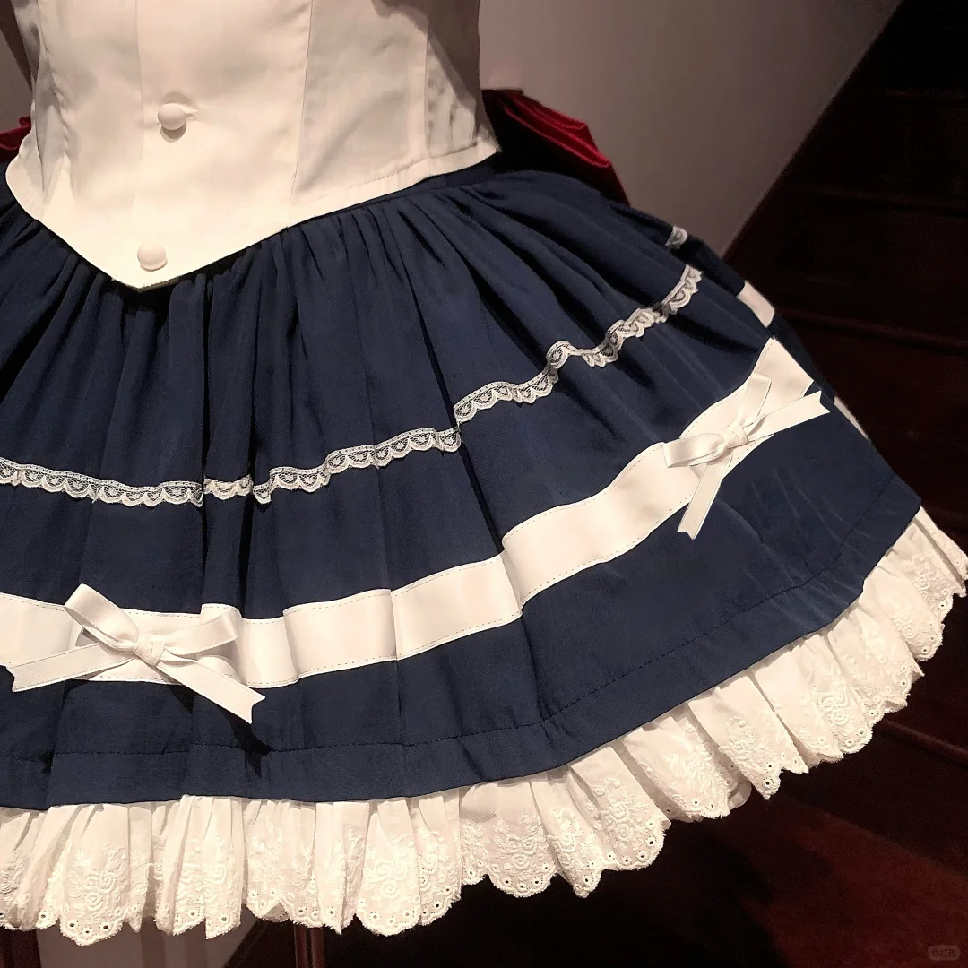 Navy Blue & White Sailor Maid Dress with Red Bow - Classic Schoolgirl Style