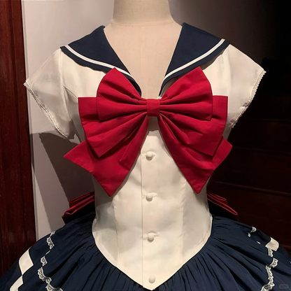 Navy Blue & White Sailor Maid Dress with Red Bow - Classic Schoolgirl Style