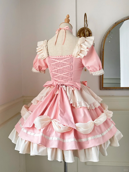 Adorable Pink and White Maid Dress with Heart Apron and Bell Accent