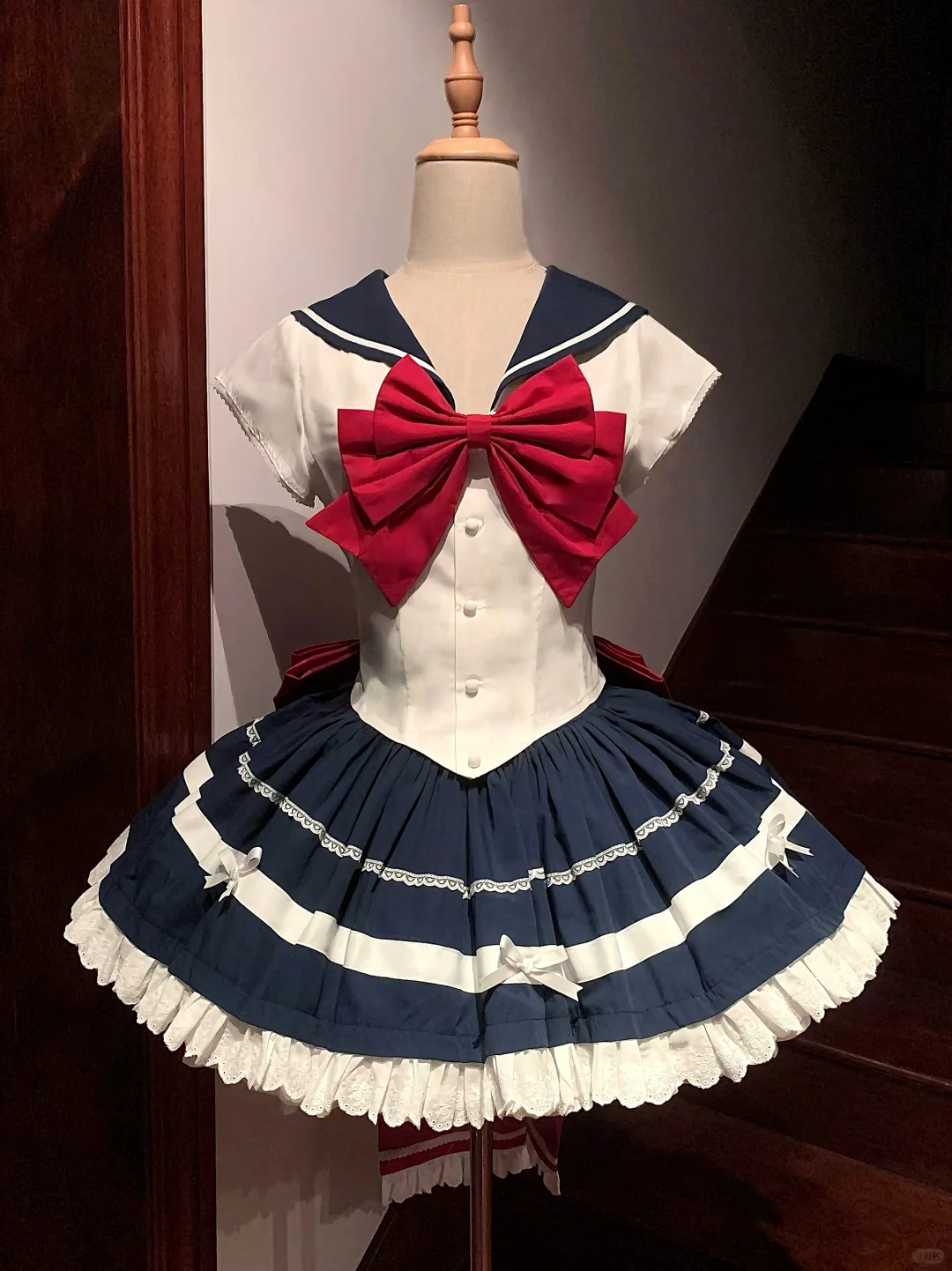 Navy Blue & White Sailor Maid Dress with Red Bow - Classic Schoolgirl Style