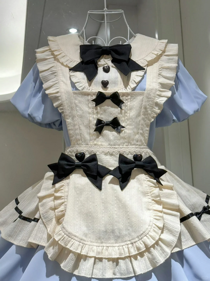 Charming Light Blue and Cream Maid Dress with Black Bow Accents and Heart Buttons